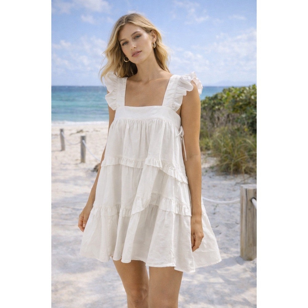 En Saison White Ruffle Mini Dress S Cottagecore‎ Babydoll Tiered Cotton